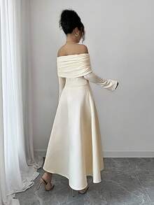 Elenzga Women's Apricot Elegant High-End Design Ruched Off Shoulder Long Sleeve Slimming Waist Patchwork Loose Flared Hem Party Midi Dress, Autumn - Apricot - View 2