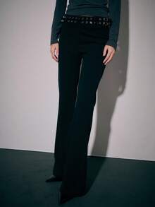 Nöista 高腰略微喇叭形针织裤，双孔腰带，打造独特廓形；百搭高腰喇叭裤，非常适合日常裤子、派对裤子或时尚前卫的街头服饰；适合秋季、冬季、万圣节和新年。 - 黑色 - 查看 1