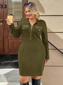 SHEIN Clasi 大码女式休闲半拉链长袖连衣裙，简约街头风格 - 軍綠色 - 查看 5