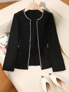 Modelyn Elegant Romantic Luxury Pearl Decor Plus Size Open Front Cardigan, Versatile Fashion - Black - View 1
