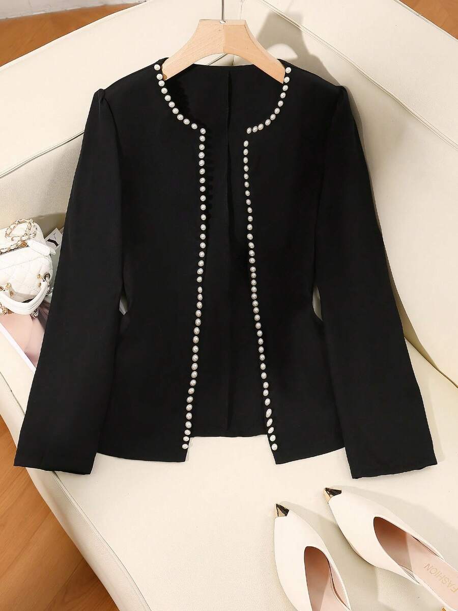 Modelyn Elegant Romantic Luxury Pearl Decor Plus Size Open Front Cardigan, Versatile Fashion - Black - View 1