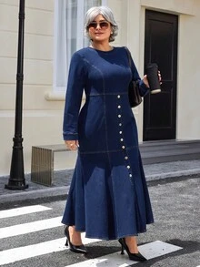 EMERY ROSE 大码休闲街头风格女式束腰长袖牛仔连衣裙 - 深色水洗藍 - 查看 2