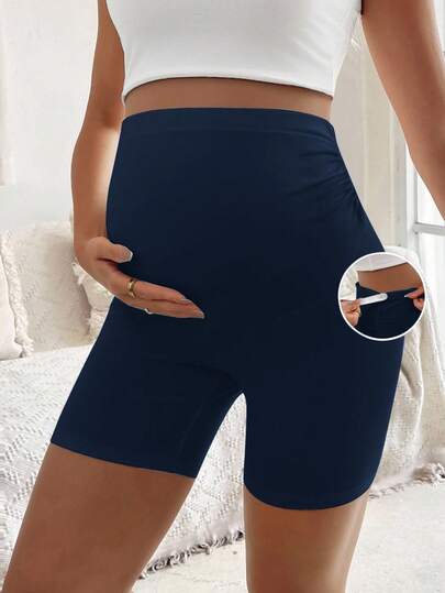 SHEIN 孕妇纯色可调节腰部打底裤褶皱短裤