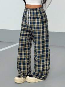 SHEIN PETITE Women's Plaid Drawstring Waist Straight Leg Pants, Autumn - Navy Blue - View 4