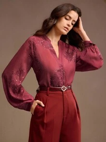 Anewsta Áo sơ mi dài tay cổ chữ V thêu họa tiết sequin nhiều màu sắc, phong cách công sở thanh lịch dành cho nữ - Màu Đỏ Sâu - Xem 7