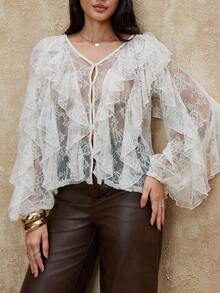 SHEIN Privé Blusa de moda sexy con parche de encaje, volantes y abotonadura sencilla para mujer - Albaricoque - Ver 5