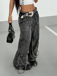 StreetHx Women's Casual Loose Wide Leg Button Pocket Jeans - Dark Grey - View 6