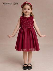 1 Set Burgundy Formal Dress With Short Jacket, 3D Rose Decor, Sleeveless Mesh Skirt, Wedding, Summer Traditional Christmas Party Dress For Young Girl - Burgundy - View 3