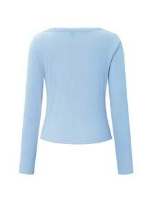 SHEIN Camiseta de manga larga con adorno de encaje dulce para mujer ChicEase, camiseta casual blanca de ajuste ceñido con 3 botones para el verano - Azul - Ver 6