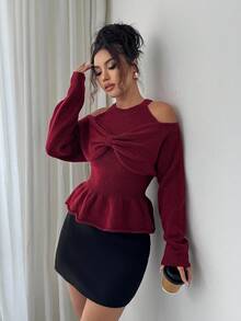 Elenzga Suéter de punto con volantes en el bajo, mangas largas, hombros descubiertos y decoración de lazo exagerado de unicolor para mujer - Rojo - Ver 6
