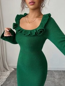 Elenzga Women's Autumn/Winter New U-Neck Floral Design Elegant Fitted Flare Sleeve Midi Knit Sweater Dress, Versatile For Daily Wear And Dates - Green - View 2