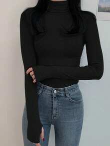 DAZY Women Solid Color Turtleneck Long Sleeve Casual Slim Fit Undershirt,Fall Clothes - Black - View 2