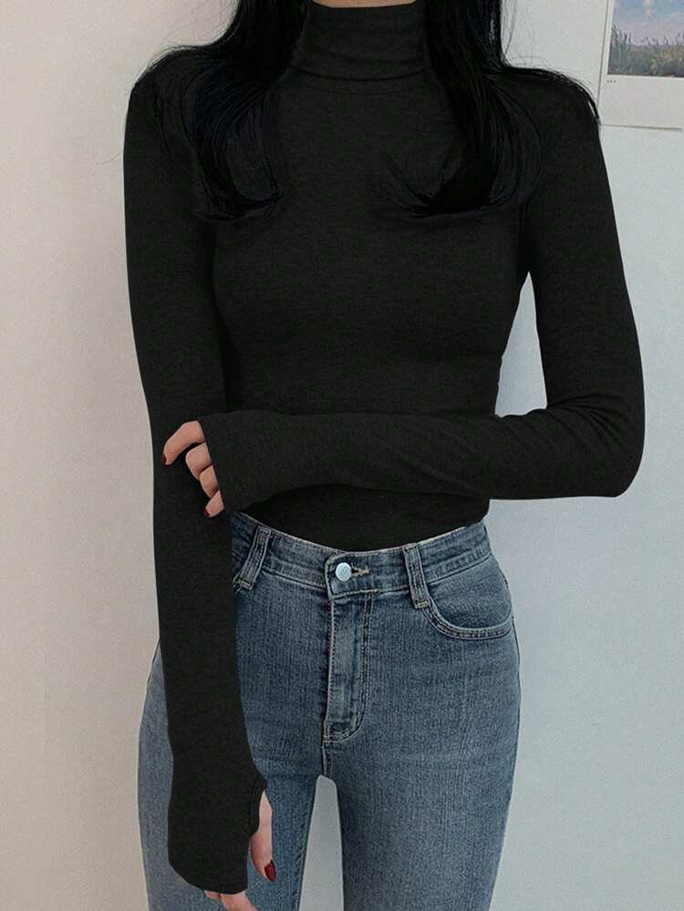 Tall Women's High Neck Fitted Long Sleeve Casual Elegant T-Shirt