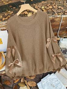 Firerie Plus Size Loose Knit Sweater With Hollow Bow Knot Decor, Plus Size Cute Fall Pullover In Beige Brown Sweater Brown Long Sleeve Top/Winter - Khaki - View 1