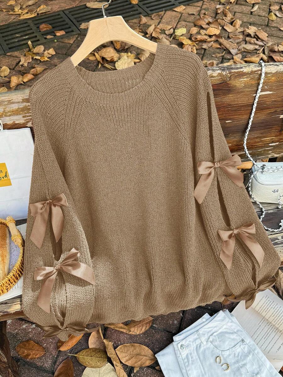 Firerie Plus Size Loose Knit Sweater With Hollow Bow Knot Decor, Plus Size Cute Fall Pullover In Beige Brown Sweater Brown Long Sleeve Top/Winter - Khaki - View 1