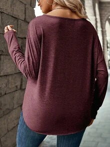 EMERY ROSE Women's Solid Color Casual V-Neck Button Long Sleeve Plus Size T-Shirts