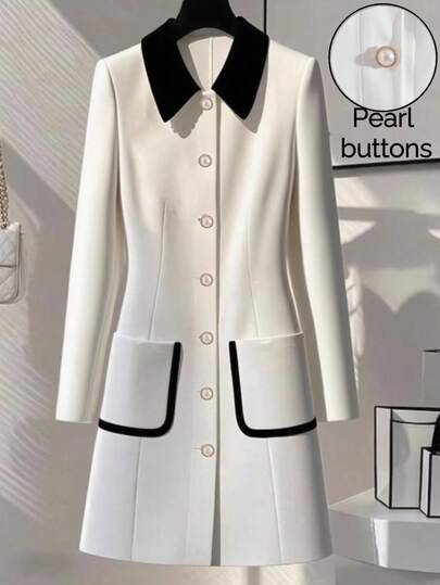 Franclia Elegant French Style Contrast Color Pearl Button Long Sleeve Dress