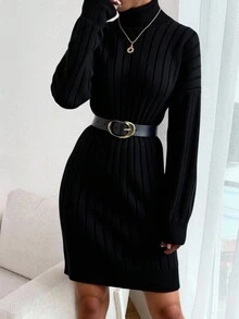 EURMUSE Mock Neck Drop Shoulder Jumper Dress Without Belt - Black - View 5