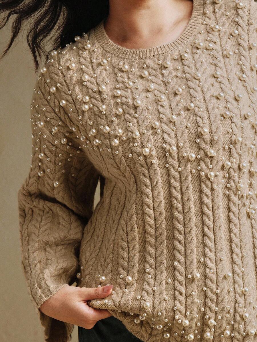 Anewsta Khaki Round Neck Loose Asymmetrical Hem Flared Sleeve Pearl Knit Sweater, Casual Elegant Chic For Fall, Autumn, Winter, New Year