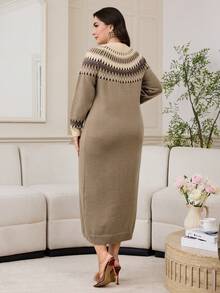 Modelyn 大码几何图案针织连衣裙，秋冬休闲装 - 薄荷綠 - 查看 2