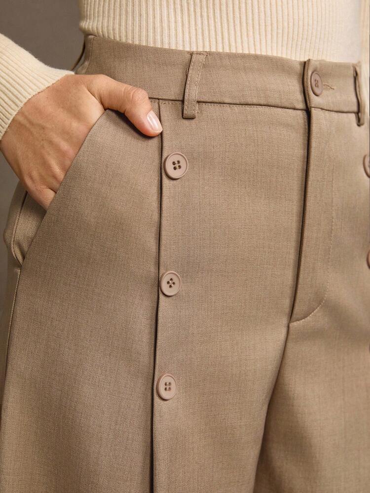 여성용 카키 바지, 독특한 디자인, 단추 여밈, 하이웨스트 슬림핏 와이드 레그 바지