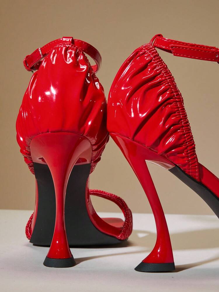 SHUZIA Sandalias de tacón de aguja con tira de tobillo y punta cuadrada, elegantes y sexys para mujeres - Rojo - Añade 6