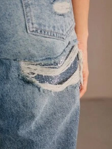Anewsta Jeans rectos de mujer con efecto desgastado y adornos de rhinestones - Azul - Ver 4