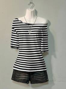 Attitoon 黑色和灰色条纹休闲宽松超大落肩短袖 T 恤女士，适合外出，风格核心美学，美学风格，哥特式网络符号主义，网络符号主义，万圣节，Y2K，街头服饰，复古，垃圾摇滚，朋克，返校节 - 彩色 - 查看 4