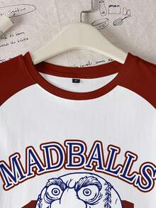 MADBALLS X SHEIN 女式休闲字母与人物图案撞色插肩袖 T 恤，夏季 - 白色 - 查看 4