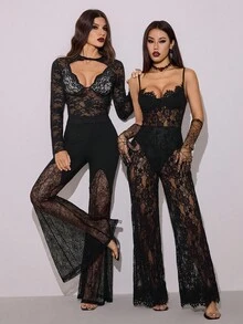 SHEIN PETITE 纯黑色性感透明蕾丝连体裤，优雅女士内衣，日常约会装，外出装，派对装，不对称阔腿连体裤，情人节连体裤，休闲连体裤，优雅连体裤 - 黑色 - 查看 9