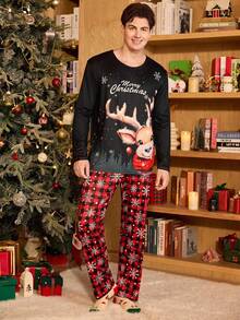 CoupledUp 情侣款圣诞休闲长袖睡衣套装，鹿纹格子雪花图案，适合秋冬季穿着，圣诞睡衣套装，情侣款圣诞睡衣，圣诞睡衣，圣诞服装 - 黑色 - 查看 3