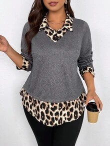 EMERY ROSE Plus Size Women Casual Printed 2 In 1 Shirt - Grey - View 5