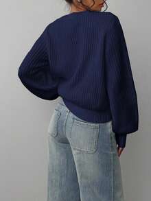 SHEIN BASICS 女士休闲纯色灯笼袖毛衣，秋冬 - 藏蓝色 - 查看 2