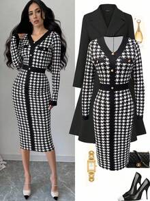 Franclia Women's Elegant Houndstooth Print Fitted Long Dress - Multicolor - View 1