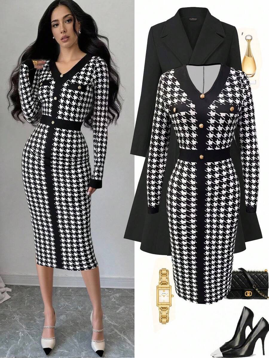 Franclia Women's Elegant Houndstooth Print Fitted Long Dress - Multicolor - View 1