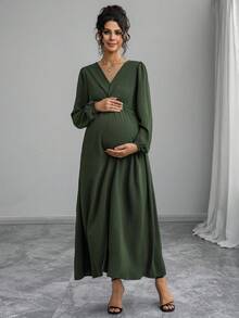 Momance Maternity Solid Color V-Neck Long Lantern Sleeve Twist Knot Midi Dress Spring Photoshoot Maternity Fall - Army Green - View 3