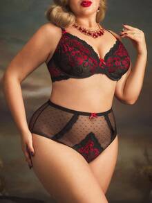 PinupPomp 大码女士蕾丝拼布蝴蝶装饰钢圈文胸套装 - 黑色 - 查看 4