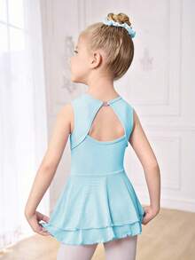 SHEIN 小女孩紫色无袖镂空后背芭蕾短裙，儿童网眼裙，芭蕾舞连体衣，四向弹力高弹力 - 藍色 - 查看 1