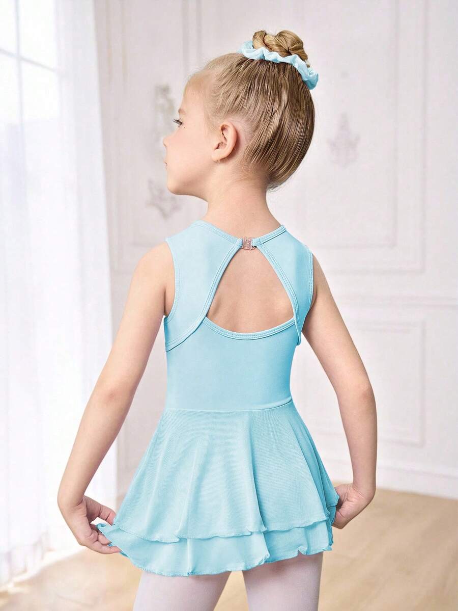 SHEIN 小女孩紫色无袖镂空后背芭蕾短裙，儿童网眼裙，芭蕾舞连体衣，四向弹力高弹力 - 藍色 - 查看 1