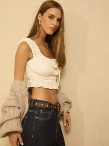 SHEIN Aralina-E Áo crop top bèo nhún buộc phía trước cho nữ - Màu be - Xem 7