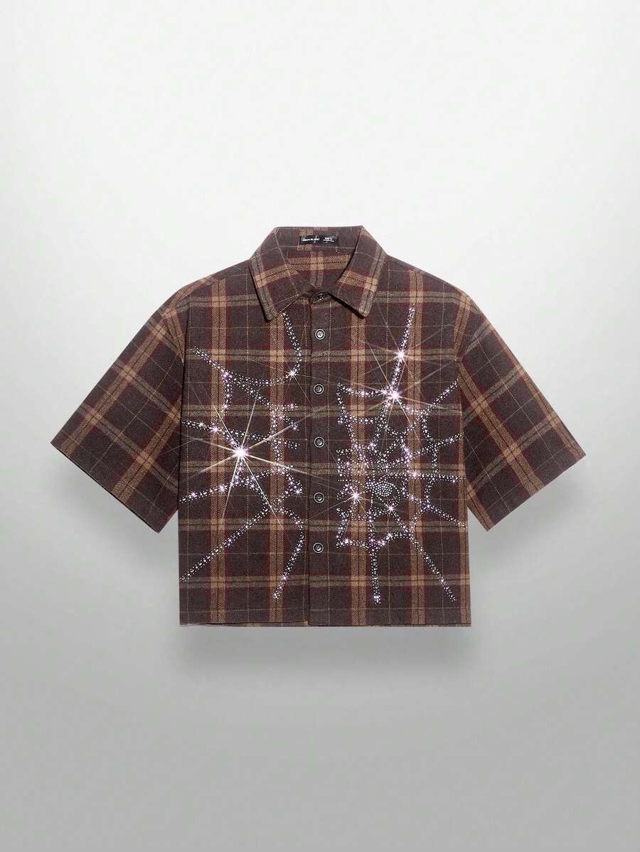 NEON BLANC Men's Street Fashion Woven Rhinestone Spider Web Plaid Short Sleeve Shirt - Brown - View 1