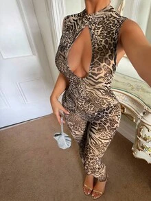 SHEIN SXY Sexy Animal Print Hollow-Out Mesh Sheer Bodysuit,New Year Outfit ,Party ,Prom , Leopard Print ,Sexy,Club,Club Outfits Women Sexy - Multicolor - View 2