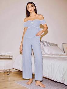 SHEIN 2 件套棉质条纹舒适蕾丝露肩睡衣套装，适合女士，INS 休闲 Y2K 简约时尚，秋季 - 藍白色 - 查看 5