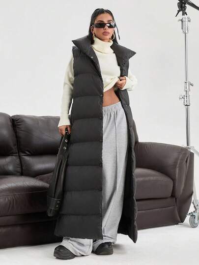 CasuGlow HIGH COLLAR SNAP BUTTON BODY POCKET SLEEVELESS LONG PUFFER WINTER COAT Women S Clothes Women S Work Clothes Women Clothing Casual Women Work Outfits Winter Clothes For Women Long Puffer Vest Puffer Vest Women,Coats,Jacket