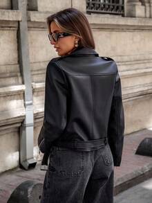 EURMUSE 冬季拉链PU摩托骑士皮夹克 - 黑色 - 查看 2