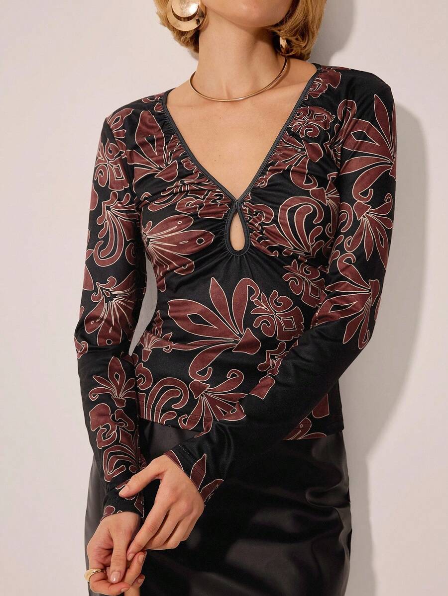CAJUNI Blusa casual elegante vintage boho con stampa marrone e dettagli traforati a maniche lunghe - Multicolore - Visualizzare 1