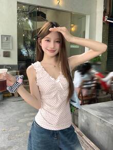 DAZY Women's Korean Style Polka Dot Elegant Sleeveless Bow Blouse - Apricot - View 3