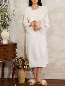 Côtesoire Women's French Elegant Romantic Lace Patchwork Ruffle Trim Button Down Nightgown, Fall Lace Sleepwear - White - View 6