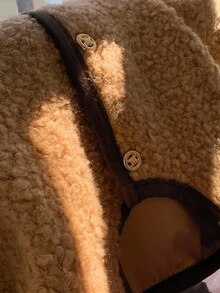 SHEIN EZwear 女士长袖单排扣泰迪羊毛时尚夹克，适合秋冬季派对/约会 - 杏色 - 查看 7