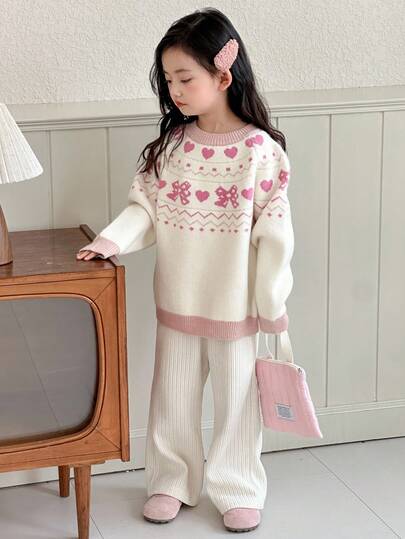 DAZY 女童时尚心形蝴蝶结装饰圆领毛衣，秋冬款